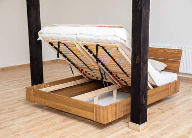 Sypialnia bukowa BERIET: łóżko lewitujące z pojemnikiem na pościel