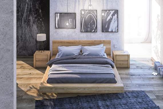 Zestaw GOLIAT z litego drewna DĄB – łoże lewitujące z poj. na pościel, 160x200 cm plus dwie szafki + materac